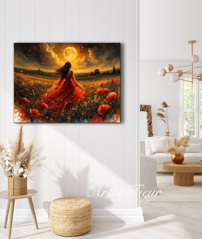 Framed Canvas - Vibrant poppies and wildflowers Whimsical Full Moon starry night sky Bride in Poppy Field, Wall Art Ready to hang original Artwork Print Red Dress
