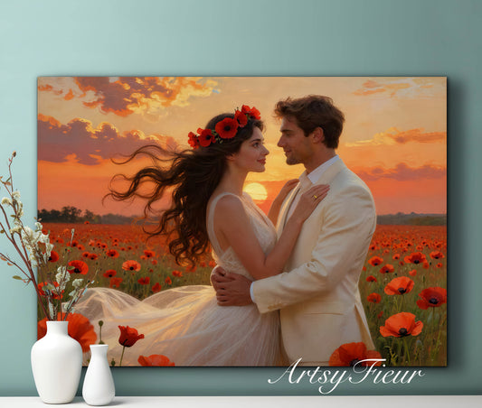 Framed canvas- whimsical full moon sunset bride and groom, wedding, poppy field, vibrant colours living room original artwork, fantasy oil painting wall art print