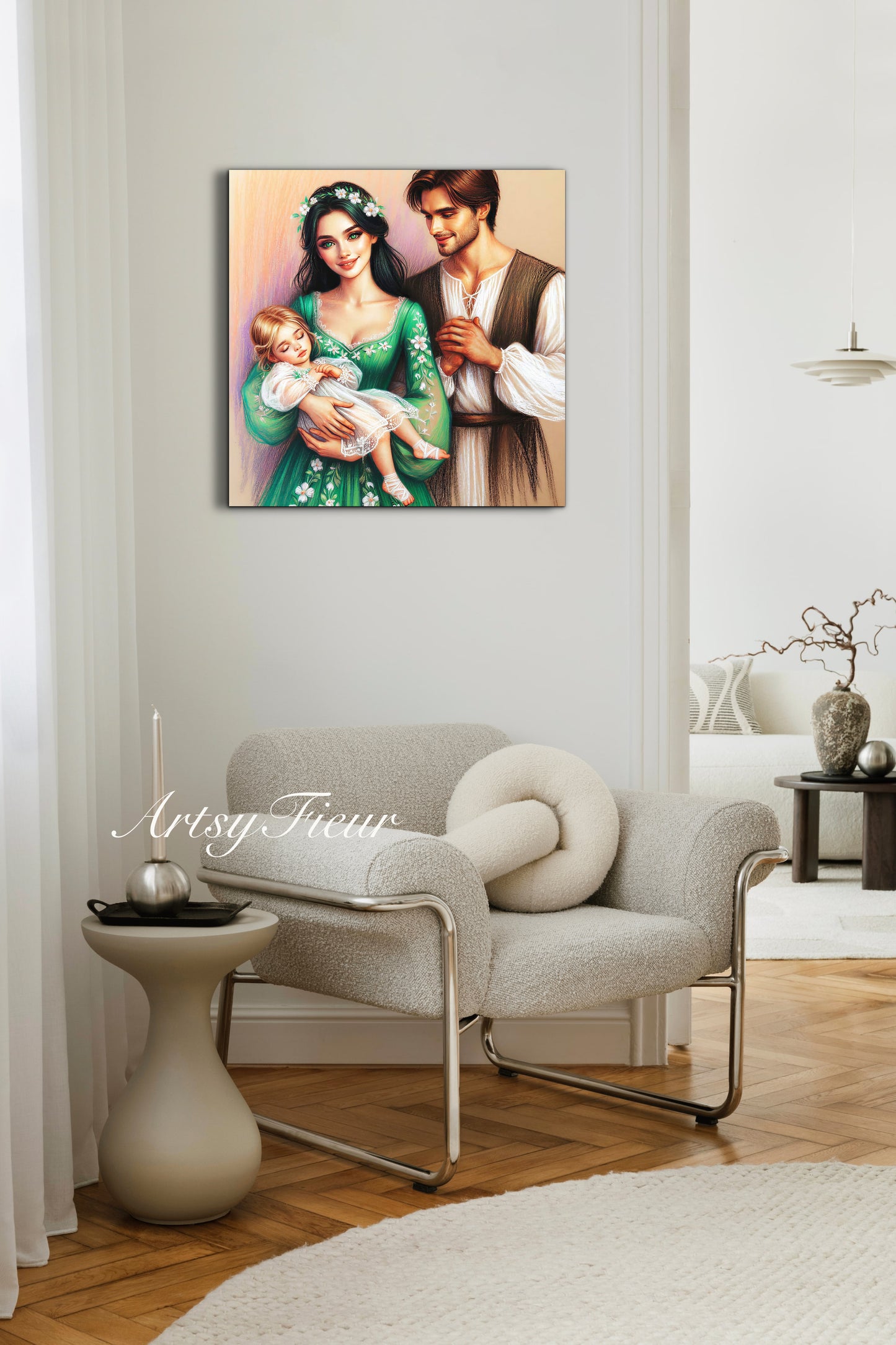 Framed canvas- ready to hang wall art print, colourful drawing abstract family portrait mother and daughter colourful drawing
