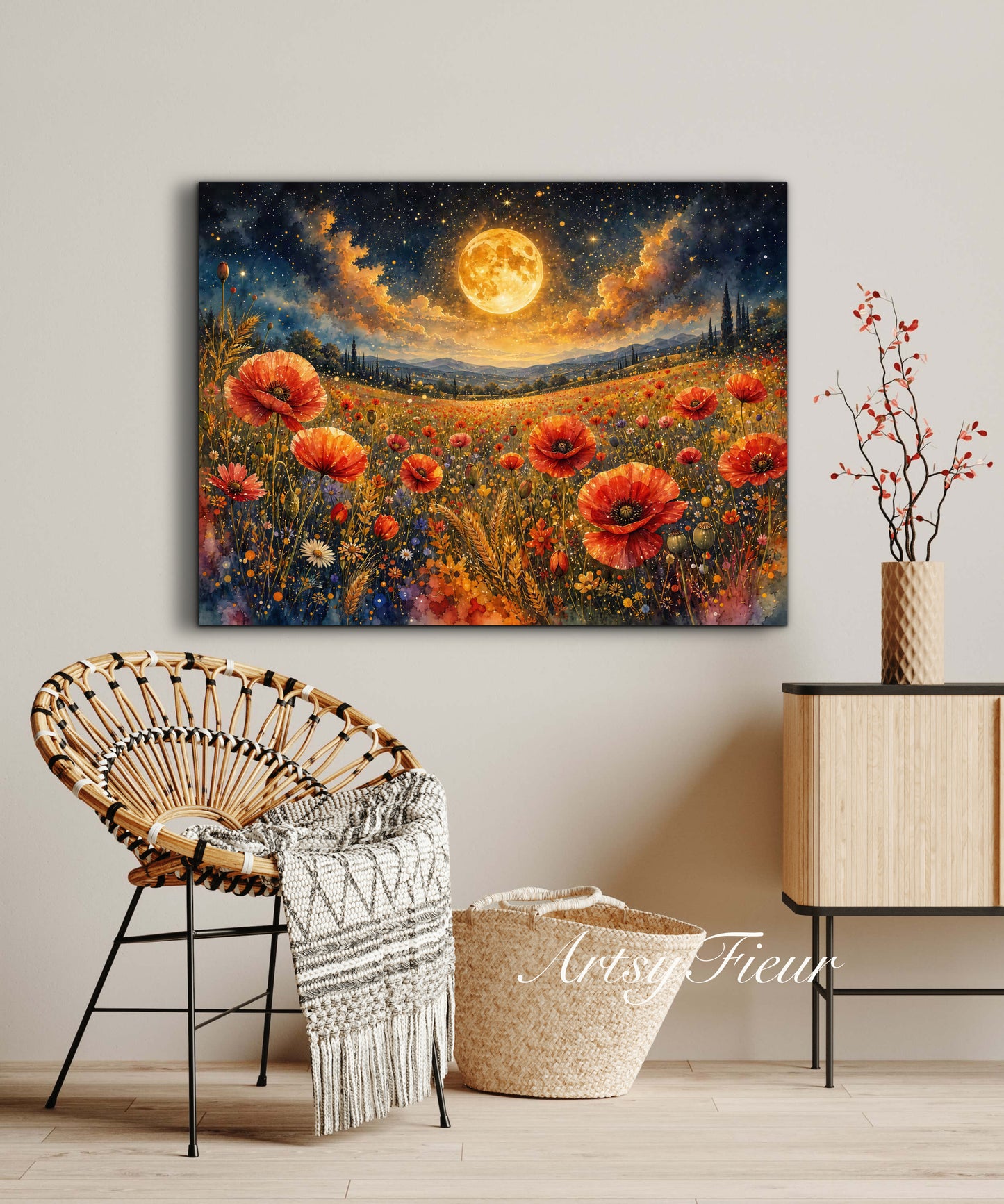 Framed Canvas Print- Vibrant Wildflowers and Poppies Oil Painting Textured Wall Art , Beautiful Original Artwork Ready to Hang Living Room, Floral