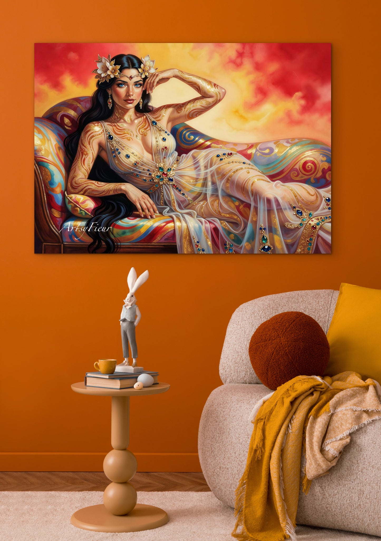 Framed canvas Beautiful Brunette on colourful sofa vibrant wall art abstract portrait, vibrant colours fantasy watercolour painting Ready to Hang Living Room Wall Art Print