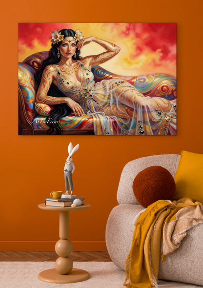 Framed canvas Beautiful Brunette on colourful sofa vibrant wall art abstract portrait, vibrant colours fantasy watercolour painting Ready to Hang Living Room Wall Art Print