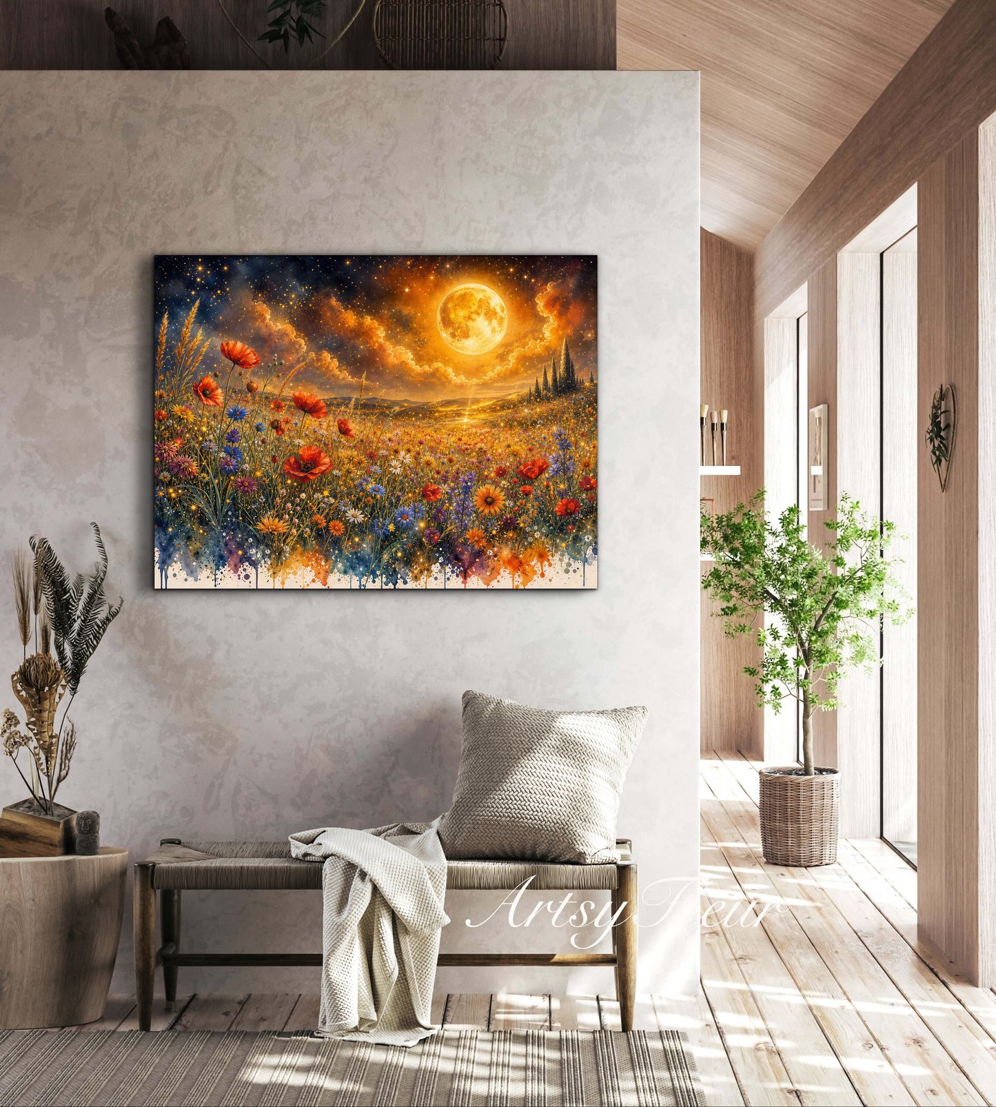Framed Canvas Print- Vibrant Wildflowers and Poppies Oil Painting Textured Wall Art , Beautiful Original Artwork Ready to Hang Living Room, Floral