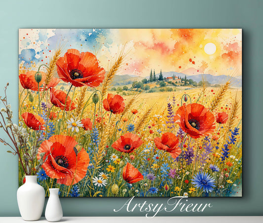 Framed Canvas Print- Vibrant Wildflowers and Poppies Oil Painting Textured Wall Art , Beautiful Original Artwork Ready to Hang Living Room, Floral