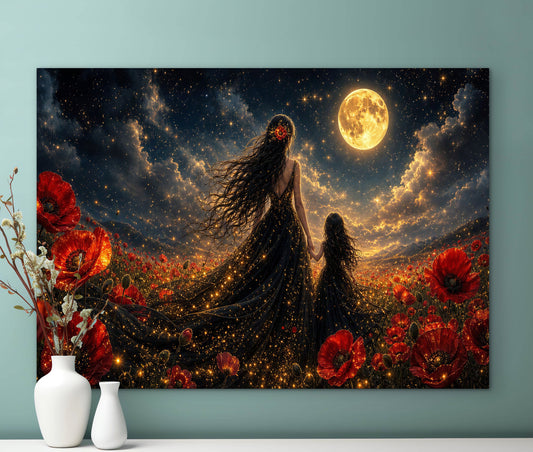 Framed Canvas- Vibrant Poppies Field Mother and Daughter Portrait Whimsical Full Moon Sunset Fantasy Oil Painting Wall Art Print