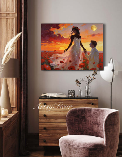 Framed canvas- whimsical full moon sunset bride and groom, wedding, poppy field, vibrant colours living room original artwork, fantasy watercolour paintingwall art print