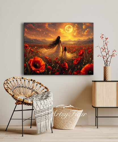 Framed Canvas- Vibrant Poppies Field Bride Mother and Daughter Portrait Whimsical Full Moon Sunset Fantasy Oil Painting Wall Art Print