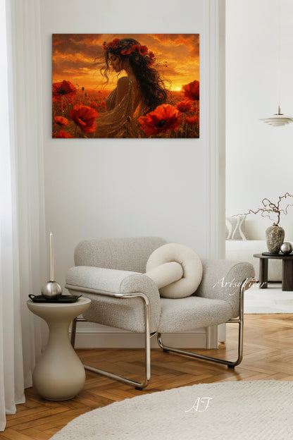 Framed Canvas - Vibrant Poppies Whimsical Full Moon Bride in Poppy Field, Wall Art Ready to hang Oil Painting Original Artwork Print