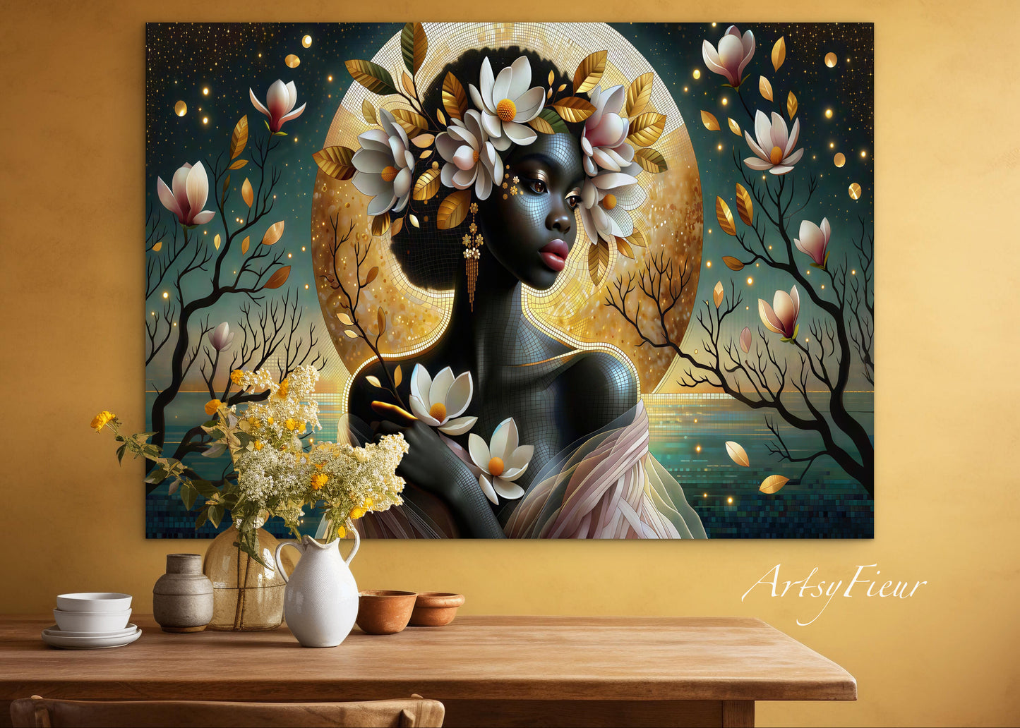 Framed Canvas- Vibrant Magnolia Flowers Beautiful Black Woman’s Abstract Portrait Mosaic Original Artwork Fantasy Wall Art Print