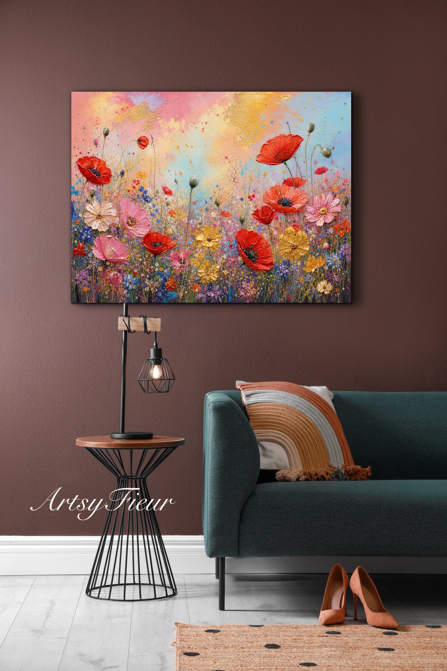 Framed canvas- ready to hand wall art print, beautiful vibrant colours watercolour fantasy painting wildflowers poppies floral landscape, unique gift, one of a kind original artwork