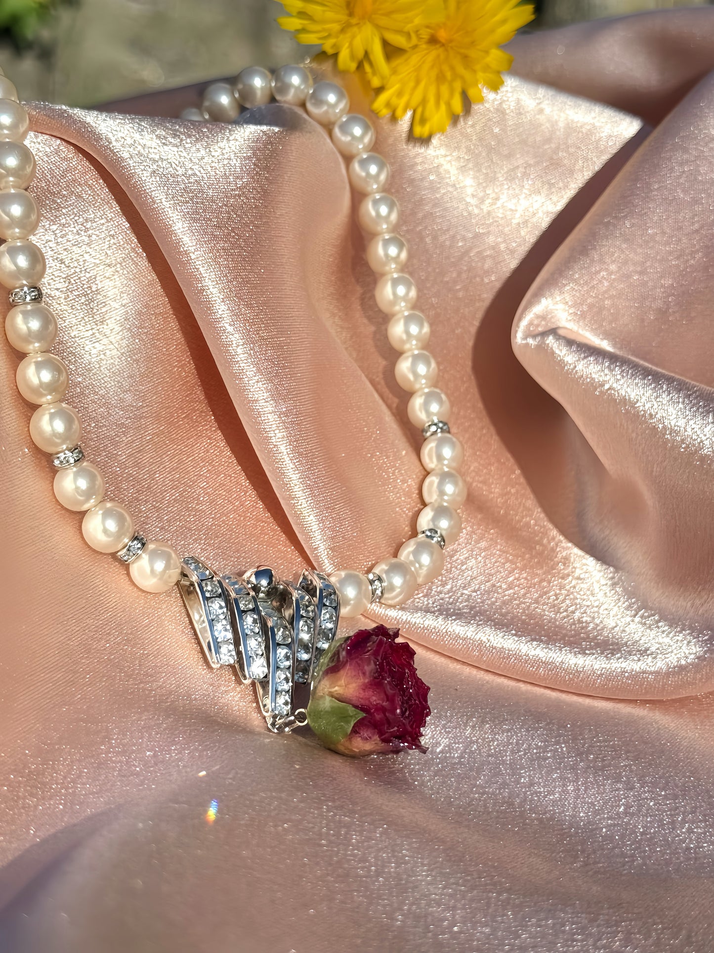 Real Red Rose Necklace |Preserved flower in resin | Mini red rose pearl necklace | White pearl | Silver Baroque Crystal pendant
