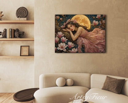 Framed Canvas- Vibrant Magnolia Flowers Beautiful Brunette Woman’s Portrait Mosaic Original Artwork Fantasy Wall Art Whimsical Full Moon
