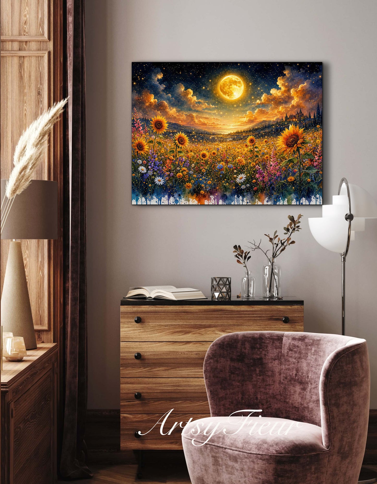Framed Canvas- Beautiful Vibrant Colours Full Moon Floral Landscape, Wildflowers and Sunflowers Field under Night Sky Living Room Wall Art