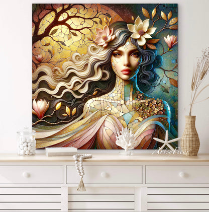 Framed canvas- Original Artwork Vibrant Magnolia Flowers Mosaic Portrait Beautiful Brunette Woman Wall Art Print