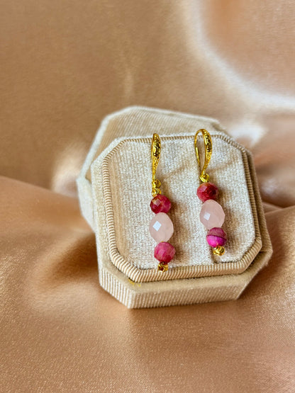 Rose Quartz Earrings Pink Tigers Eye Natural Gemstone Dangle Drop Long Earrings Hypoallergenic
