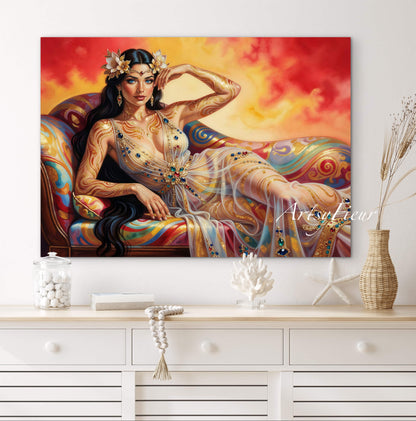 Framed canvas Beautiful Brunette on colourful sofa vibrant wall art abstract portrait, vibrant colours fantasy watercolour painting Ready to Hang Living Room Wall Art Print