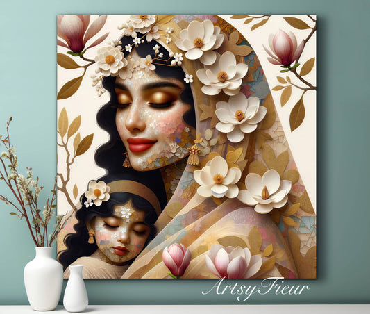 Framed canvas- ready to hang wall art print, abstract mother and daughter portrait Mosaic Magnolia Flowers Indian Beautiful Woman