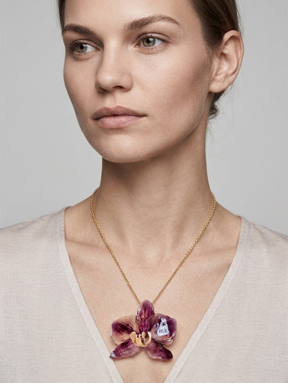 *REAL FLOWER Large Dark Purple Orchid Necklace Preserved Flower in Resin Pendant Orchid on Chain Botanical Floral Necklace