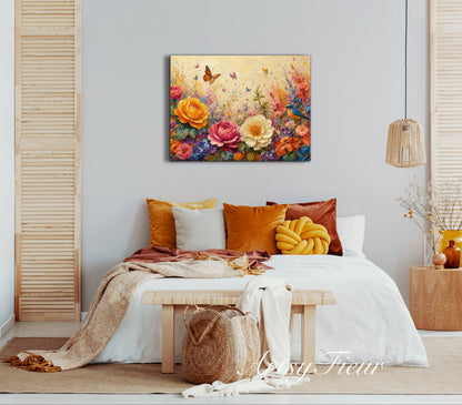 Framed Canvas Print- Vibrant Wildflowers and Petunias Oil Painting Textured Wall Art , Beautiful Original Artwork Ready to Hang Living Room, Floral