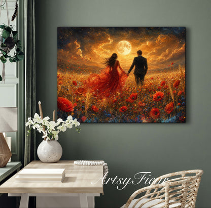 Framed canvas- whimsical full moon sunset -bride and groom, wedding gift, fantasy oil painting bedroom wall art print floral poppies field colourful vibrant colours