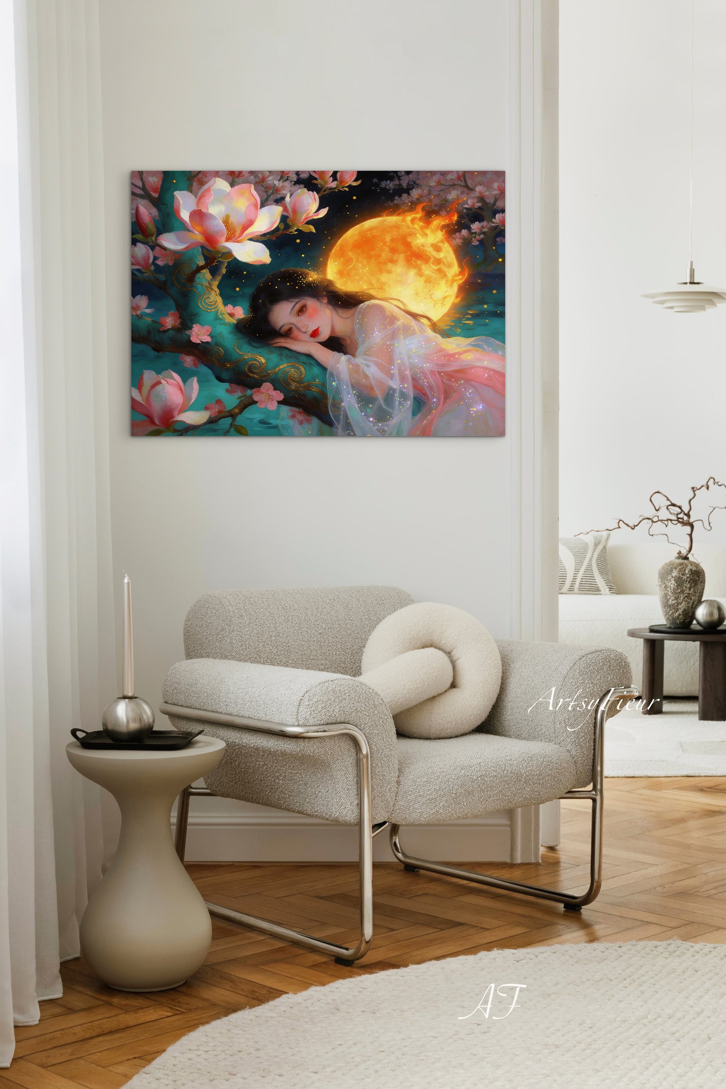 Framed Canvas- Vibrant Magnolia Flowers Beautiful Brunette Asian Woman’s Abstract Portrait Original Artwork Fantasy Wall Art Print