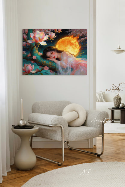 Framed Canvas- Vibrant Magnolia Flowers Beautiful Brunette Asian Woman’s Abstract Portrait Original Artwork Fantasy Wall Art Print