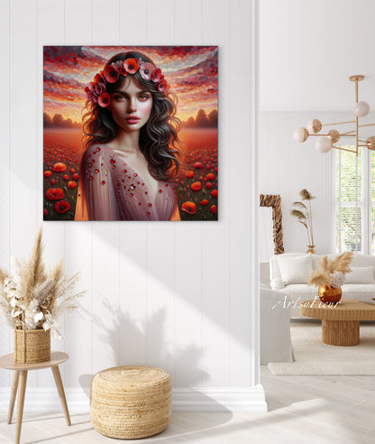 Framed canvas- Original Artwork Vibrant Poppies watercolour floral painting beautiful brunette woman ready to hang wall art print, abstract portrait