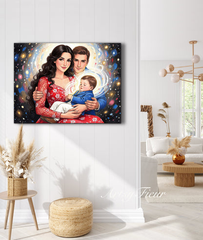 Framed Canvas- Vibrant Mother and Son Dad Family Portrait Fantasy Drawing Wall Art Print