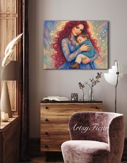 Framed canvas- ready to hang wall art print, vibrant colours crayon drawing abstract portrait mother and son, mother and baby boy, dark hair beautiful red hair woman , mothers day gilt, unique original artwork