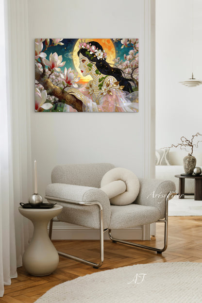 Framed Canvas- Vibrant Magnolia Flowers Beautiful Brunette Woman’s Abstract Portrait Mosaic Original Artwork Fantasy Wall Art Print Mother Nature