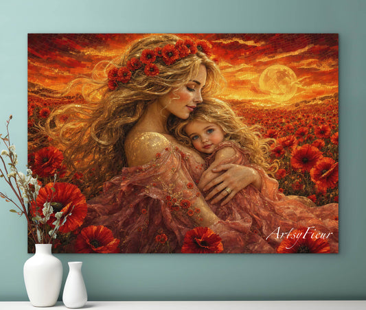 Framed Canvas- Vibrant Poppies Field Mother and Daughter Portrait Whimsical Full Moon Sunset Fantasy Oil Painting Wall Art Print