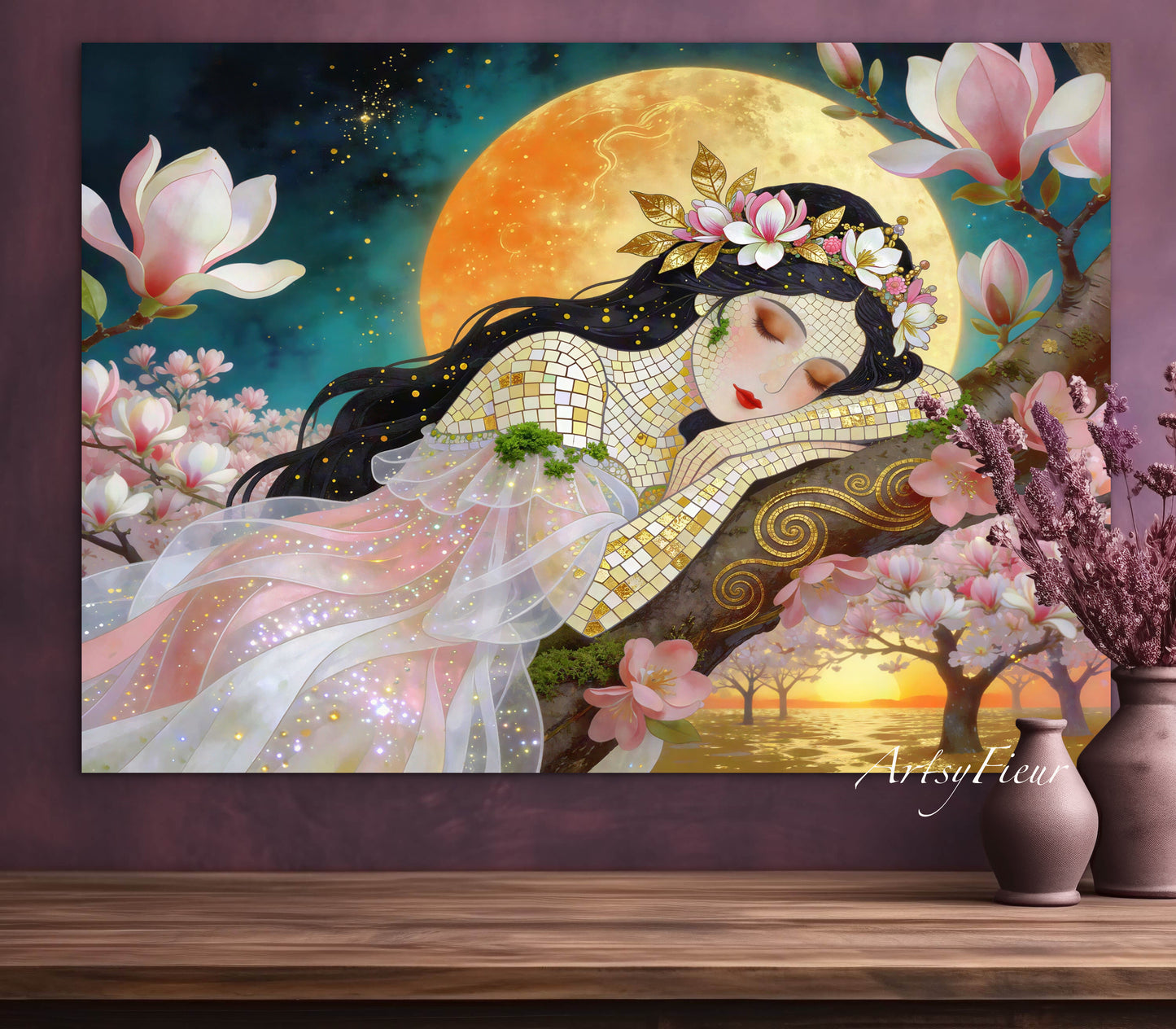 Framed Canvas- Vibrant Magnolia Flowers Beautiful Brunette Woman’s Abstract Portrait Mosaic Original Artwork Fantasy Wall Art Print Mother Nature