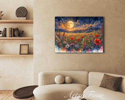 Framed Canvas Print- Vibrant Wildflowers and Poppies Oil Painting Textured Wall Art , Beautiful Original Artwork Ready to Hang Living Room, Floral