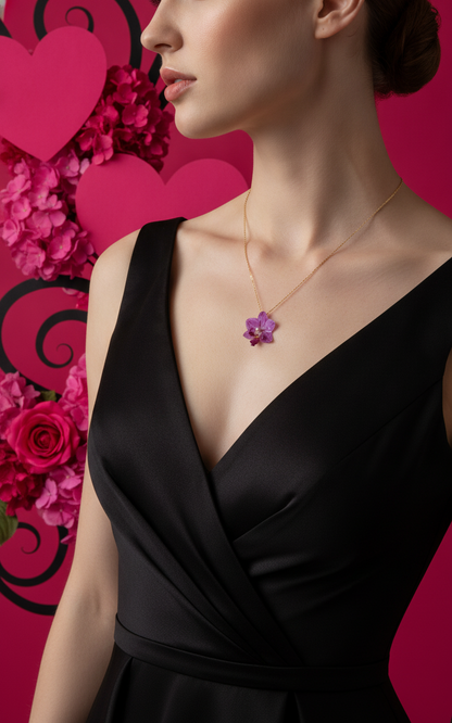 *REAL FLOWER Orchid Necklace Preserved Mini Purple Orchid in Resin 3D Flower Pendant Solid Sterling Silver Chain S925 Hypoallergenic