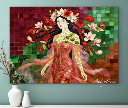 Framed Canvas- Vibrant Magnolia Flowers Beautiful Brunette Woman’s Abstract Portrait Mosaic Original Artwork Fantasy Wall Art Print Mother Nature