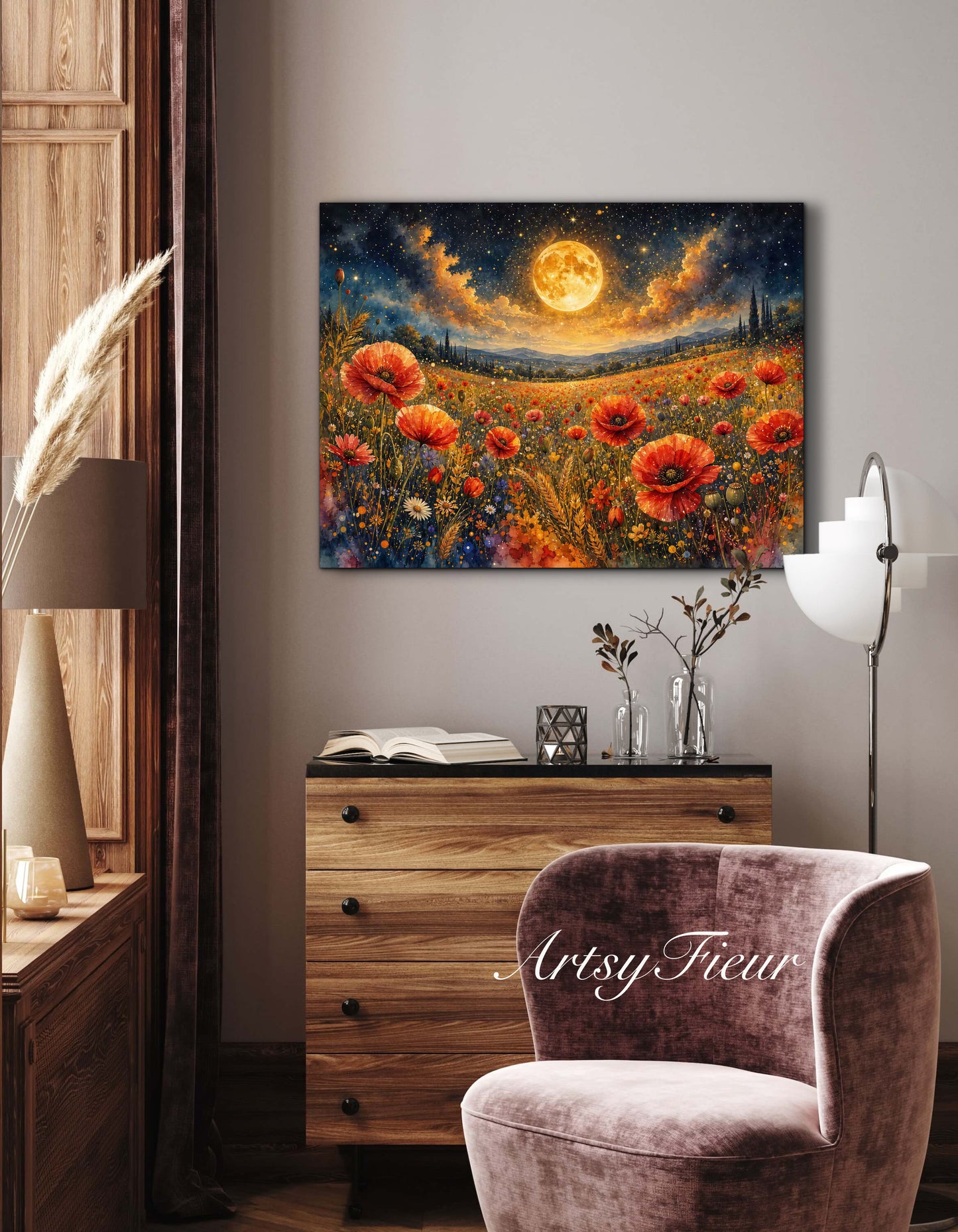 Framed Canvas Print- Vibrant Wildflowers and Poppies Oil Painting Textured Wall Art , Beautiful Original Artwork Ready to Hang Living Room, Floral