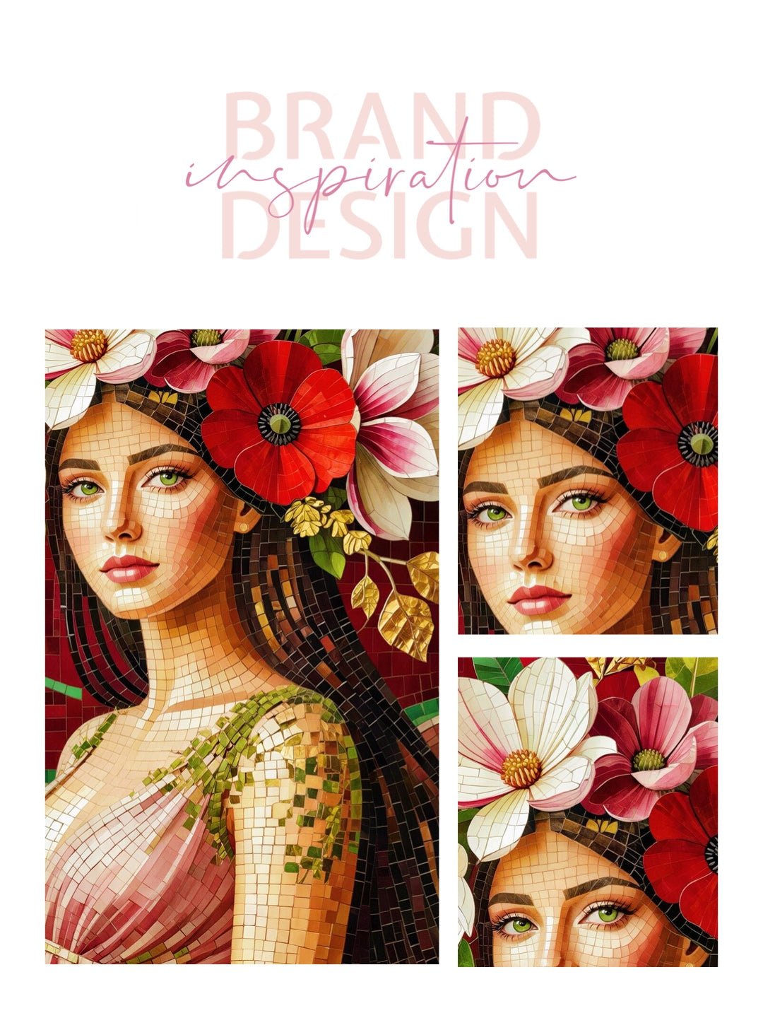 Framed Canvas- Vibrant Magnolia Flowers Beautiful Brunette Pregnant Woman’s Abstract Portrait Mosaic Original Artwork Fantasy Wall Art Print Mother Nature