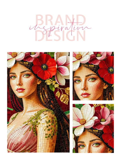 Framed Canvas- Vibrant Magnolia Flowers Beautiful Brunette Pregnant Woman’s Abstract Portrait Mosaic Original Artwork Fantasy Wall Art Print Mother Nature
