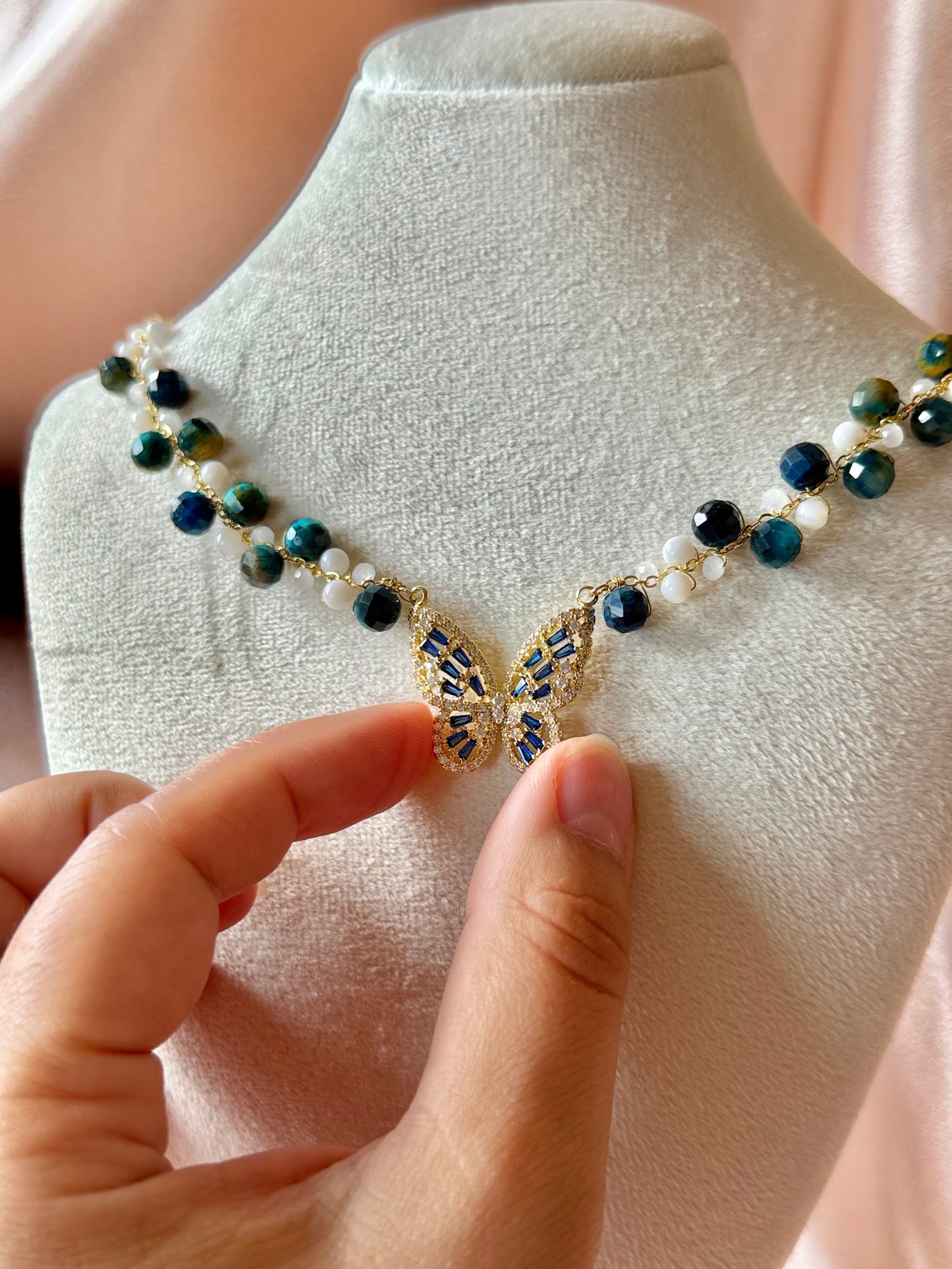 Blue Butterfly Necklace Handmade Braided Beaded | Natural Blue Tiger’s Eye Gemstone | Hypoallergenic| 18k Gold Plated