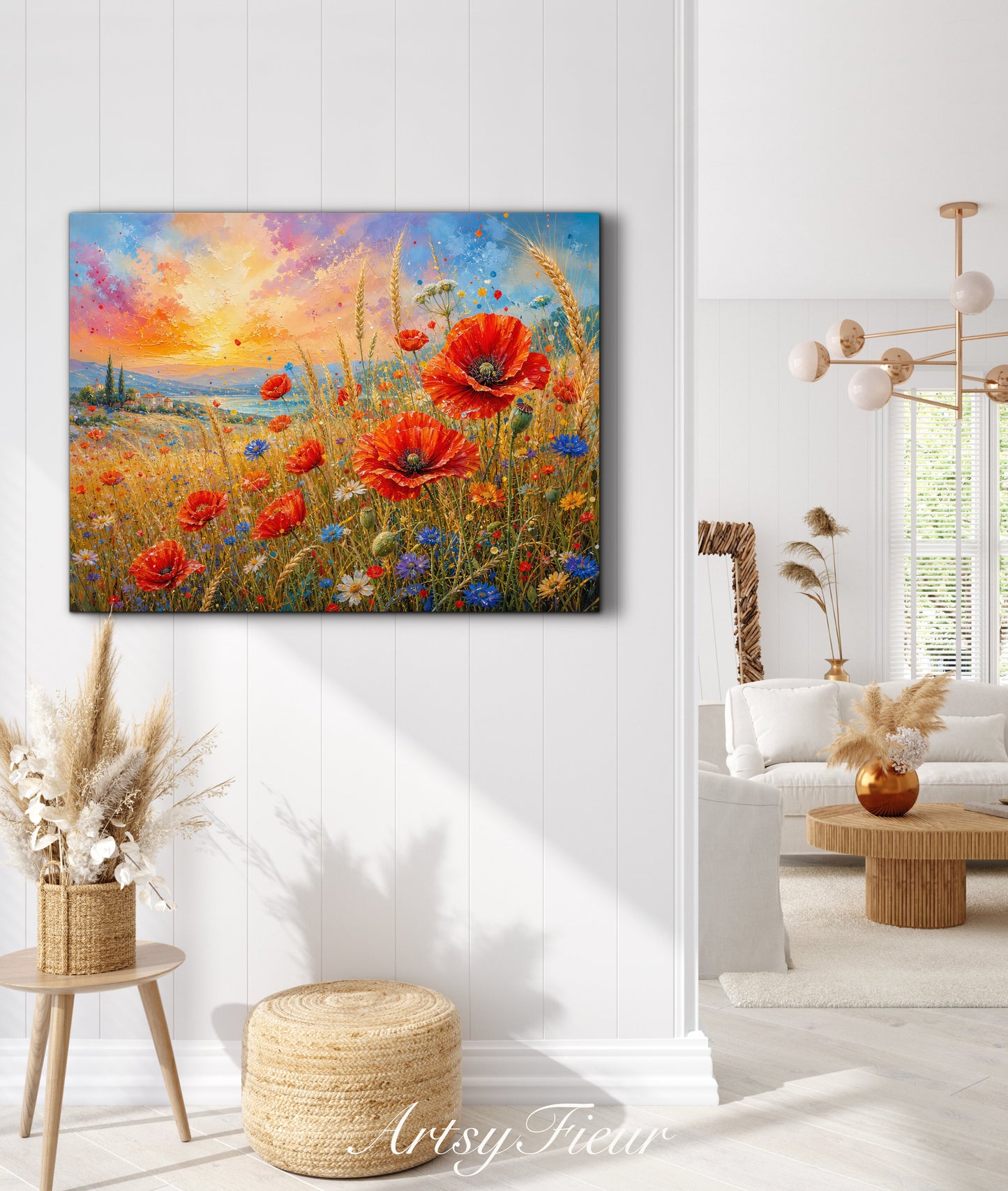 Framed Canvas Print- Vibrant Wildflowers and Poppies Oil Painting Textured Wall Art , Beautiful Original Artwork Ready to Hang Living Room, Floral
