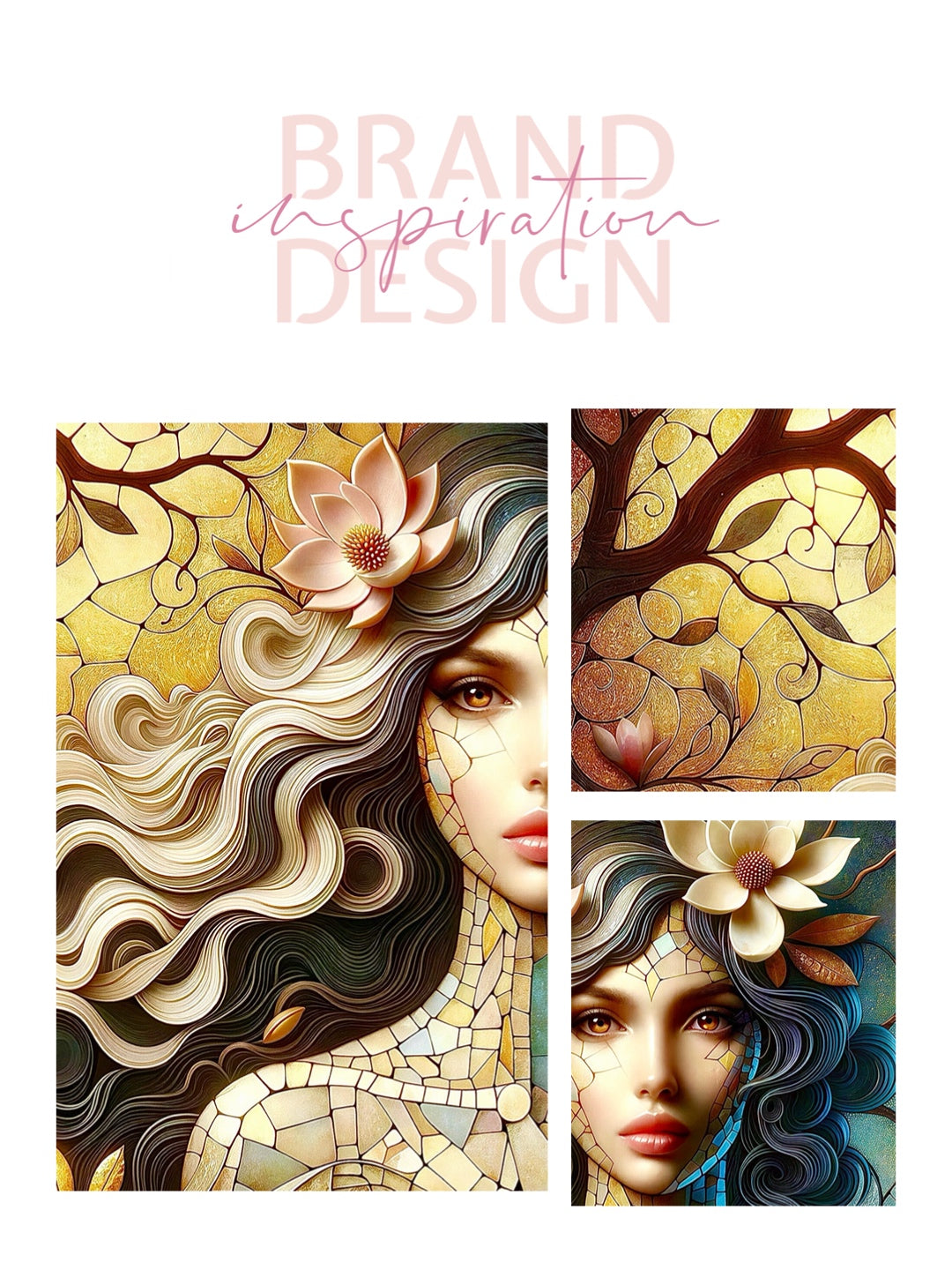 Framed canvas- Original Artwork Vibrant Magnolia Flowers Mosaic Portrait Beautiful Brunette Woman Wall Art Print