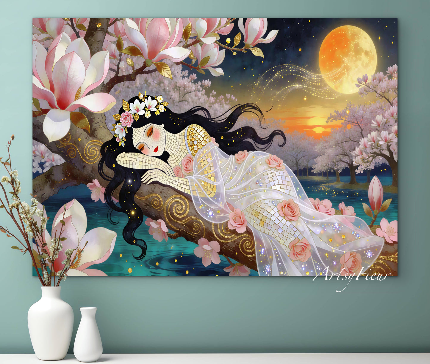 Framed Canvas- Vibrant Magnolia Flowers Beautiful Brunette Woman’s Abstract Portrait Mosaic Original Artwork Fantasy Wall Art Print