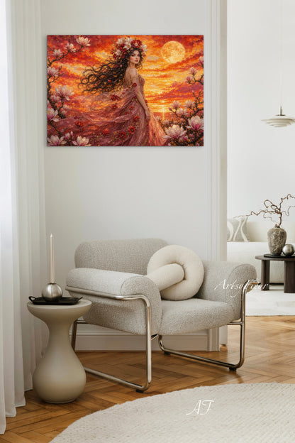 Framed Canvas- Vibrant Magnolia Flowers Beautiful Brunette Woman’s Abstract Portrait Mosaic Original Artwork Fantasy Wall Art Print