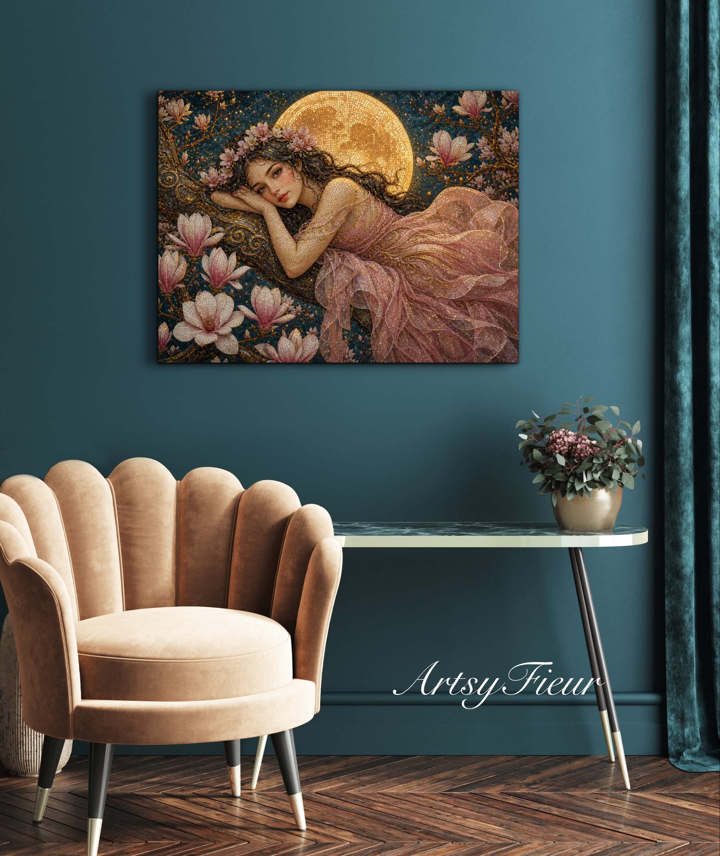 Framed Canvas- Vibrant Magnolia Flowers Beautiful Brunette Woman’s Portrait Mosaic Original Artwork Fantasy Wall Art Whimsical Full Moon