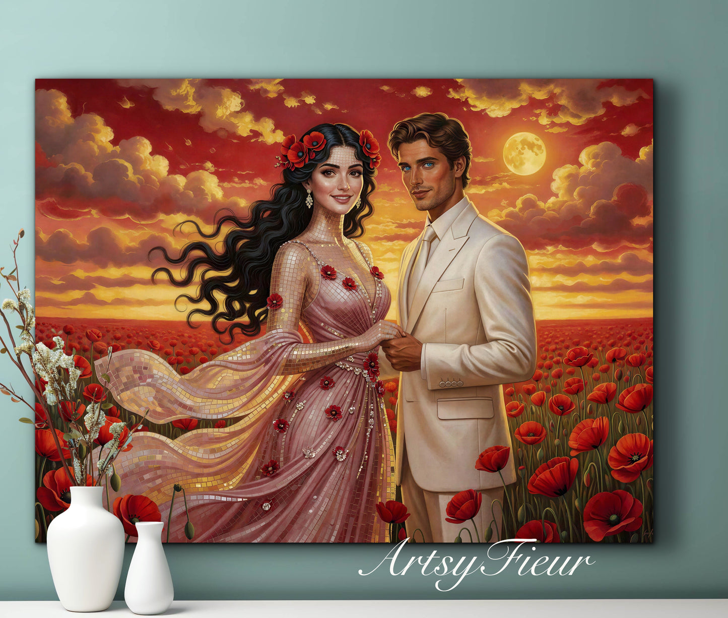 Framed canvas- whimsical full moon sunset bride and groom, wedding, poppy field, vibrant colours living room original artwork, fantasy oil painting wall art print