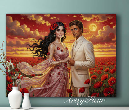 Framed canvas- whimsical full moon sunset bride and groom, wedding, poppy field, vibrant colours living room original artwork, fantasy oil painting wall art print