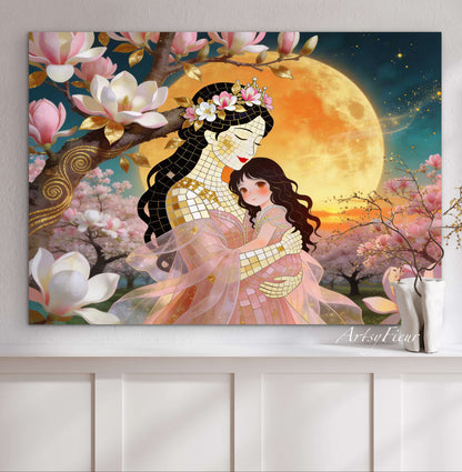 Framed Canvas- Vibrant Magnolia Flowers Mother and Daughter Portrait Original ArtworkFantasy Wall Art