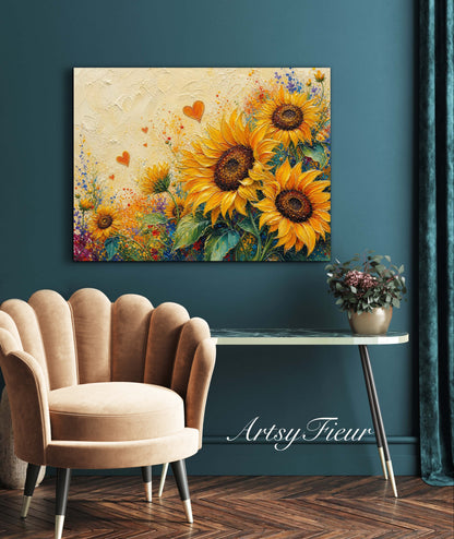 Framed Canvas Print- Vibrant Wildflowers and sunflowers Oil Painting Textured Wall Art , Beautiful Original Artwork Ready to Hang Living Room, Floral