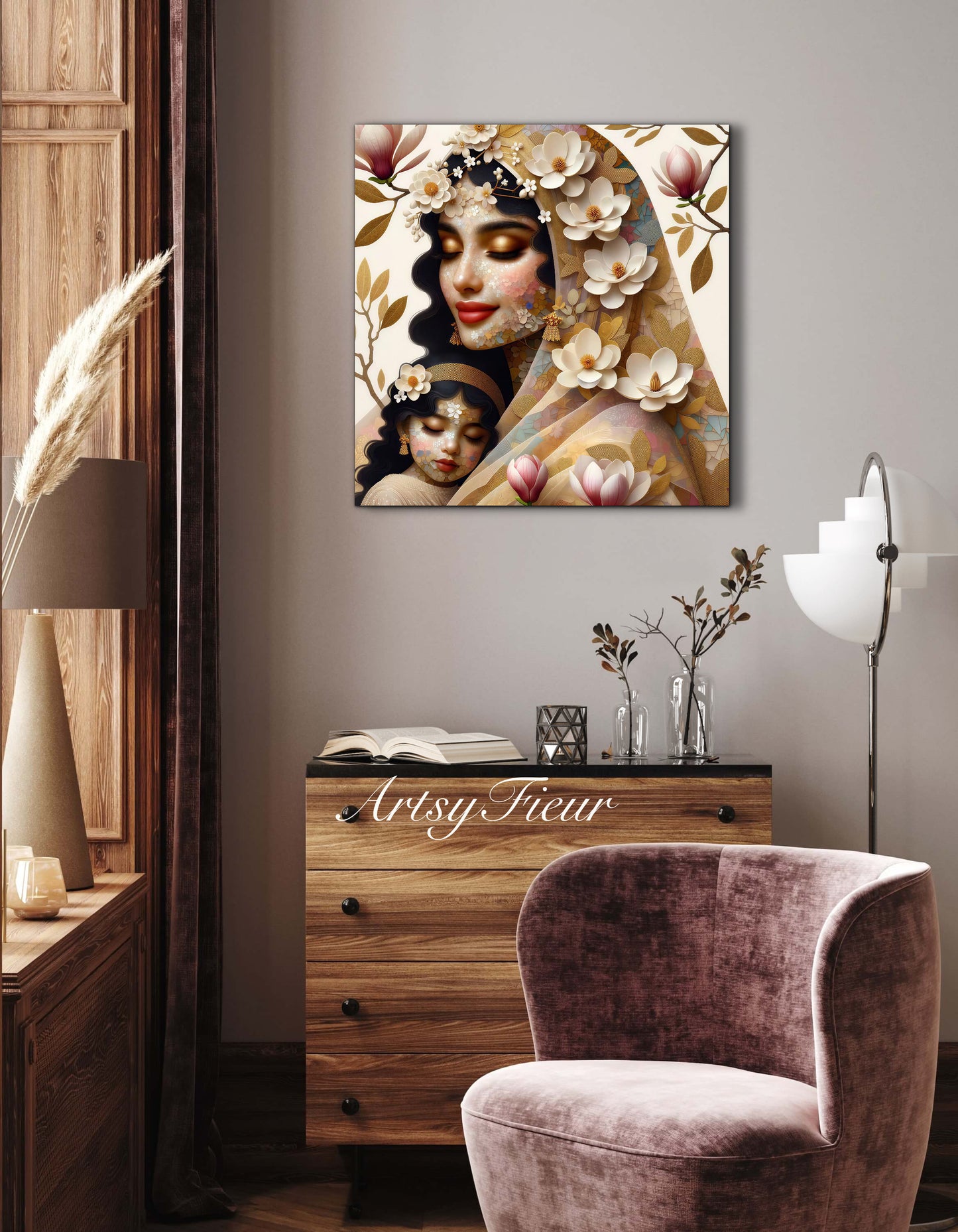 Framed canvas- ready to hang wall art print, abstract mother and daughter portrait Mosaic Magnolia Flowers Indian Beautiful Woman