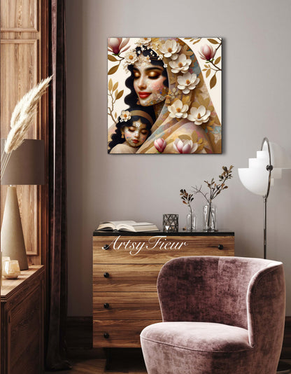 Framed canvas- ready to hang wall art print, abstract mother and daughter portrait Mosaic Magnolia Flowers Indian Beautiful Woman
